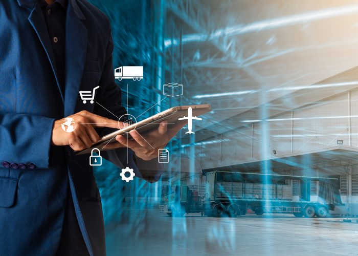 j65j54 Logistic and transport concept : Businessman manager using tablet check and control and planning for Modern Trade warehouse logistics.; Shutterstock ID 1165874380; Usage Month: -